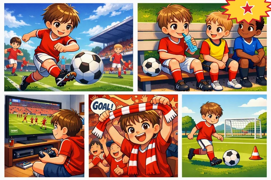 Five drawings of George: kicking a ball, resting on the bench, playing a video game, cheering a goal and practising shots
