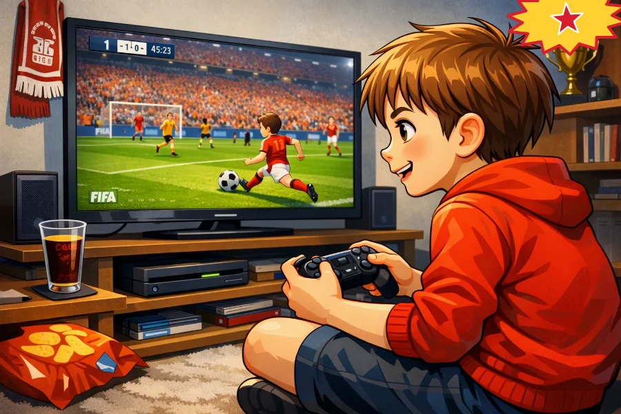 A drawing of George playing a football game on the TV