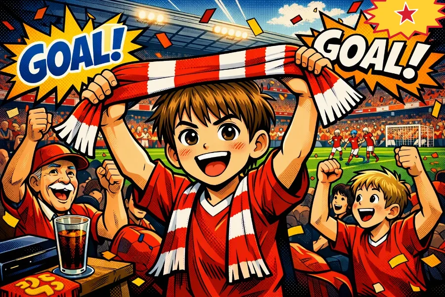 A drawing of George holding up a red and white scarf and cheering a goal