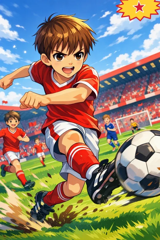 A drawing of George in a red kit, striking a football