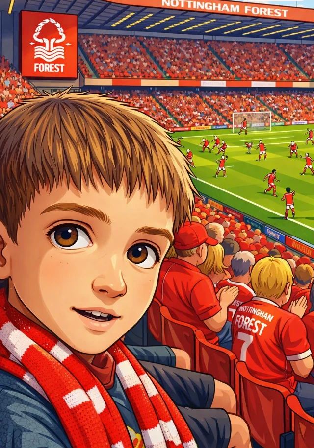 A drawing of George at a Forest match, wearing a red and white scarf