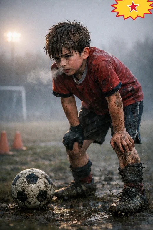 George in a muddy red kit, out of breath on a wet pitch with the ball beside him