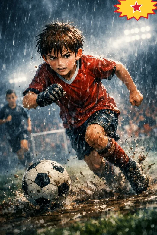 A drawing of George dribbling a football through the mud and rain