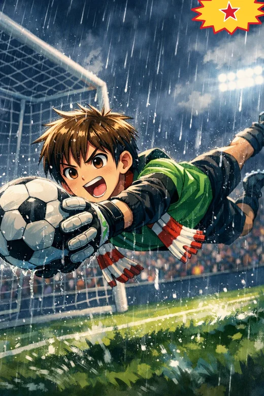 A drawing of George in goal, diving to save a ball in the rain