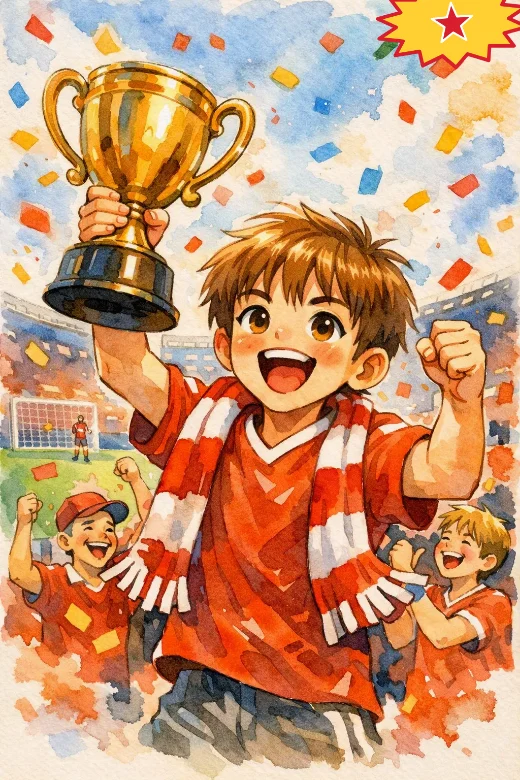 A drawing of George holding up a gold trophy, with confetti
