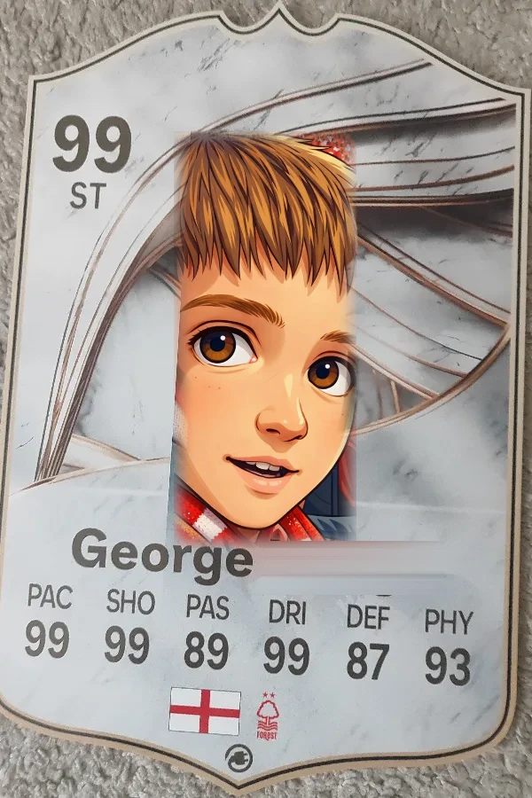 George's 99-rated striker player card, with an England flag and the Forest badge